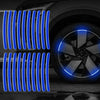Blue reflective vertical stripes and a bright blue wheel hub sticker set on a car tire.