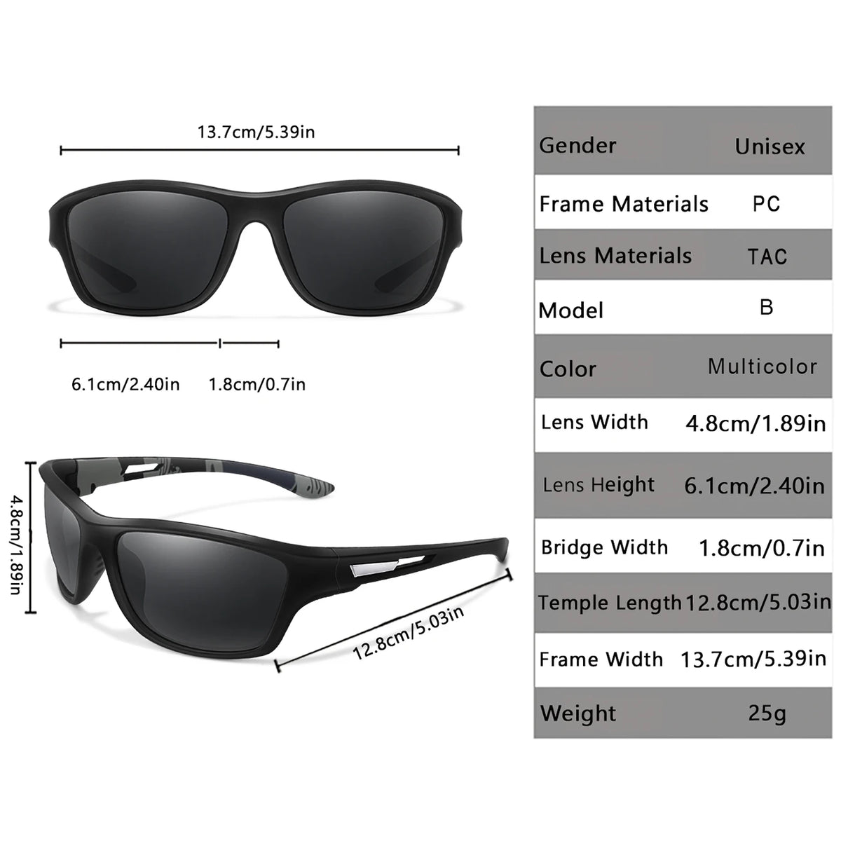 Black unisex sunglasses with a matte finish showing various dimensions and features.