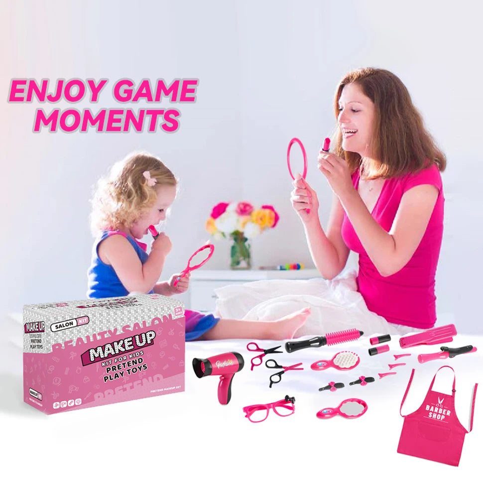 A girl is using a makeup and hair salon playset with accessories to style her hair.