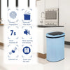 A light blue automatic touchless trash can with various sensor icons indicating fingerprint, sound, and induction features.