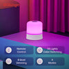 A purple LED night light with a white base is shown on a purple surface, featuring remote control, 6-level dimming, and 16 li