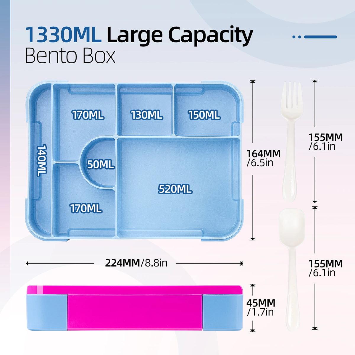 A light blue Bento box with divided compartments and a pink utensil set shown next to the product.