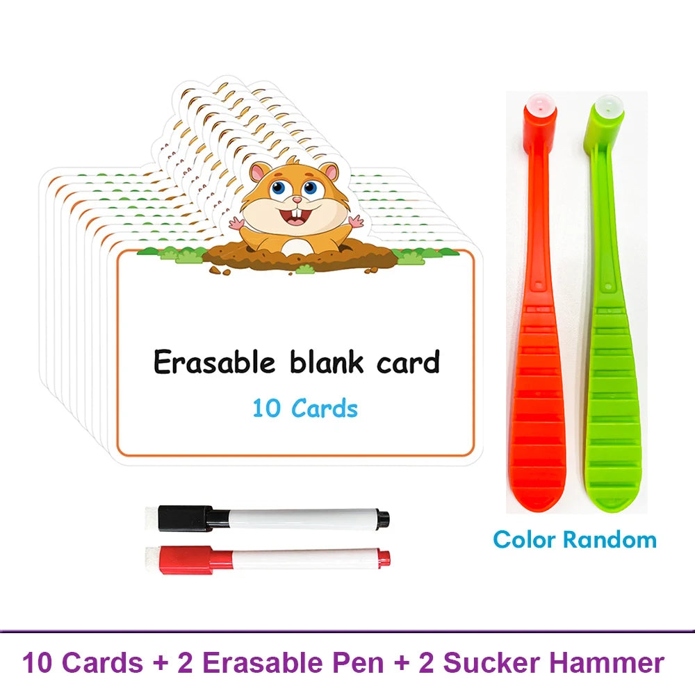 A set of 10 erasable blank cards, two erasable pens, and two sucker hammers for a dry erase fly swat game.