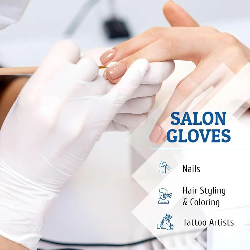 A pair of white disposable salon gloves being worn by a hand applying polish or treatment.