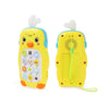 A yellow musical teether phone toy with a white bird-like ear and a green cord.