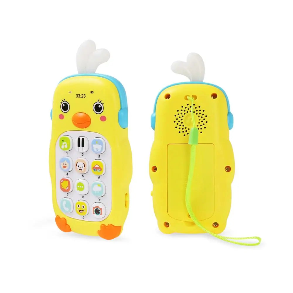 A yellow musical teether phone toy with a white bird-like ear and a green cord.