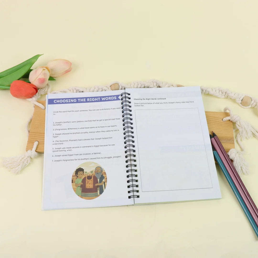 A children's Bible activity book titled Choosing the Right Words with faith-building lessons and quizzes is displayed on a li
