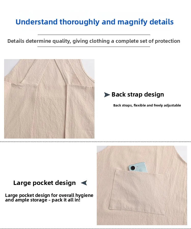 Close-up of a beige cotton apron showing back strap design and a large pocket detail.