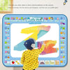A child is drawing colorful letters on a water canvas mat using magic pens.