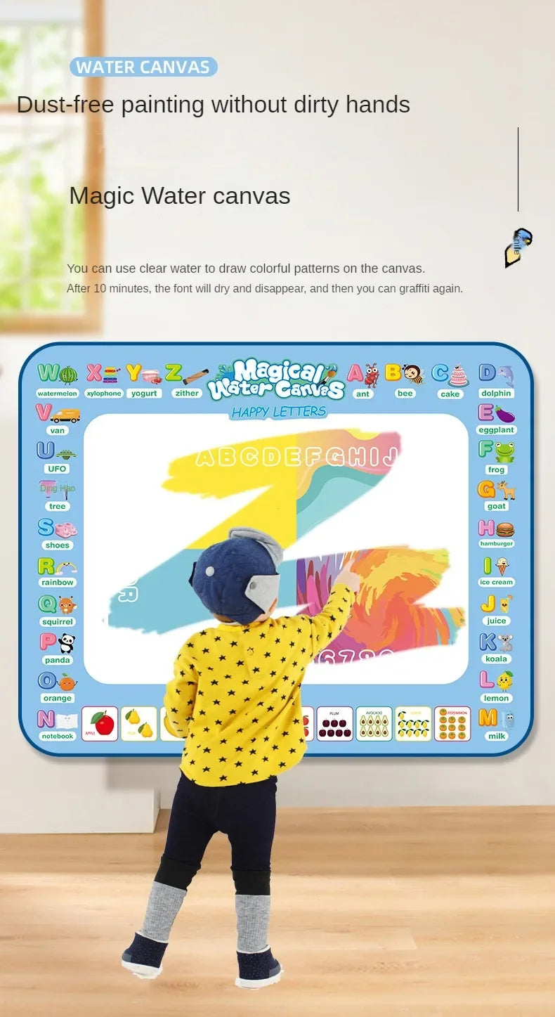 A child is drawing colorful letters on a water canvas mat using magic pens.