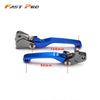 A set of CNC aluminum brake and clutch levers for a Yamaha dirt bike, shown in blue and silver.