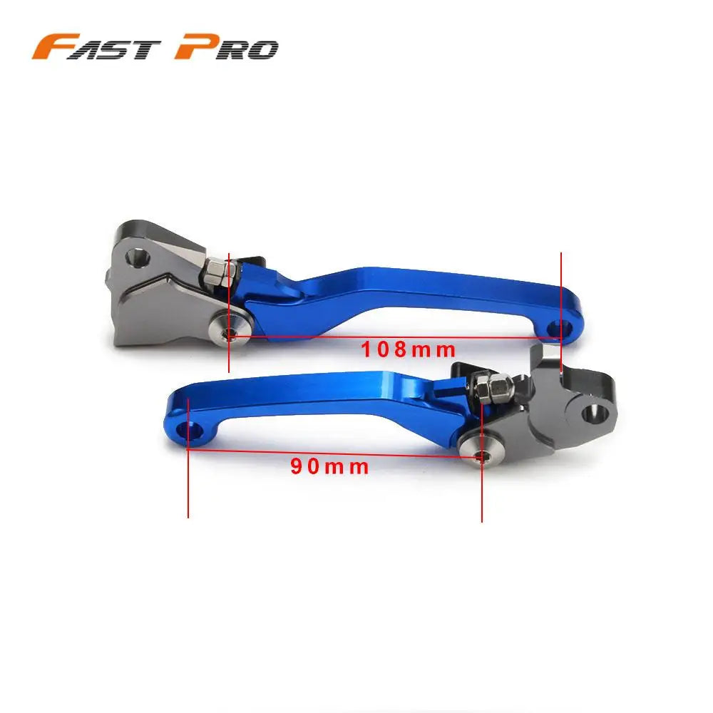 A set of CNC aluminum brake and clutch levers for a Yamaha dirt bike, shown in blue and silver.