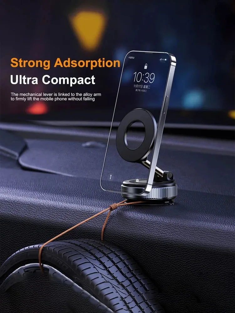 Klares Acryl-Handyhalter mit magnetischem Mechanismus liegt auf einem Autoreifen.