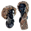 A black mannequin displays a double-layer satin hair bonnet with an adjustable band, featuring a leopard print fabric.