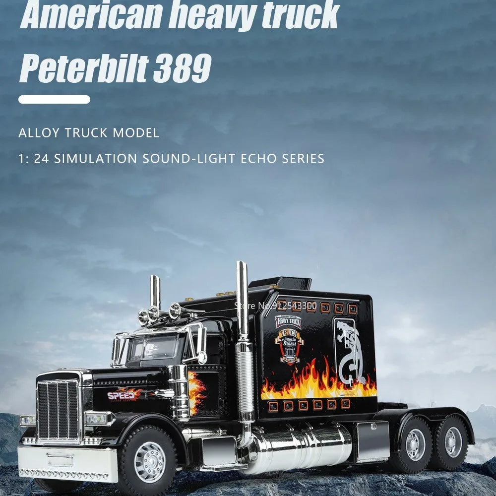 A detailed 1:24 scale diecast model of an American heavy truck, Peterbilt 389 alloy truck, featuring pull-back action and sim