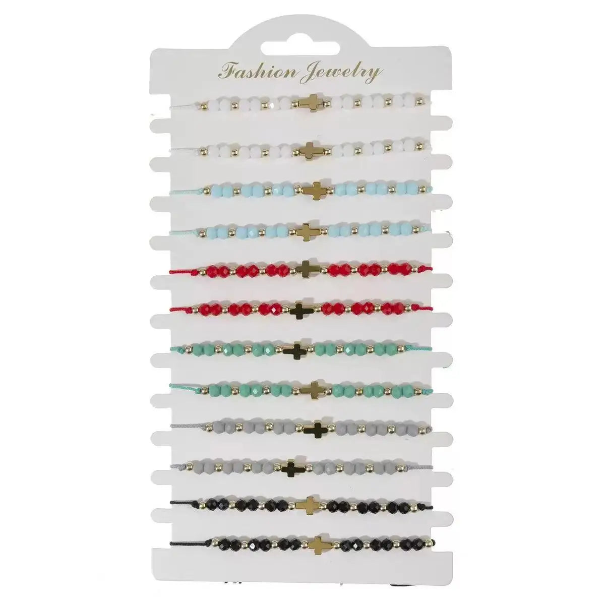 Présentation de bracelets en perles bohèmes croisés dans les couleurs blanc, or et bleu clair.