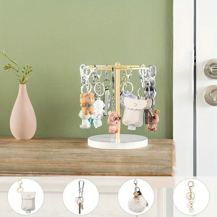 A wooden base sunglasses organizer stand holding twelve pairs of eyeglasses and sunglasses.