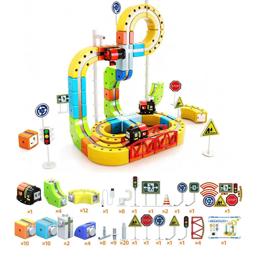 A yellow and blue STEM electric train building block set with a rechargeable engine and various components.