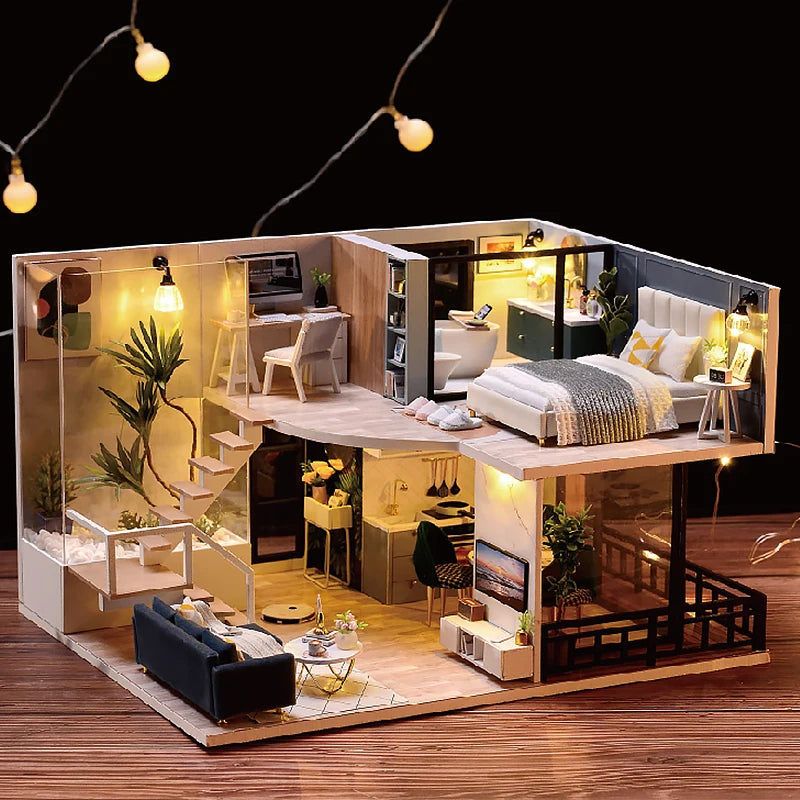 A detailed 3D wooden dollhouse miniature building kit featuring furniture and interior design elements.