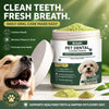 Jar of Kriath Pet Dental Cleaning Powder with a dog and fresh ingredients for oral health