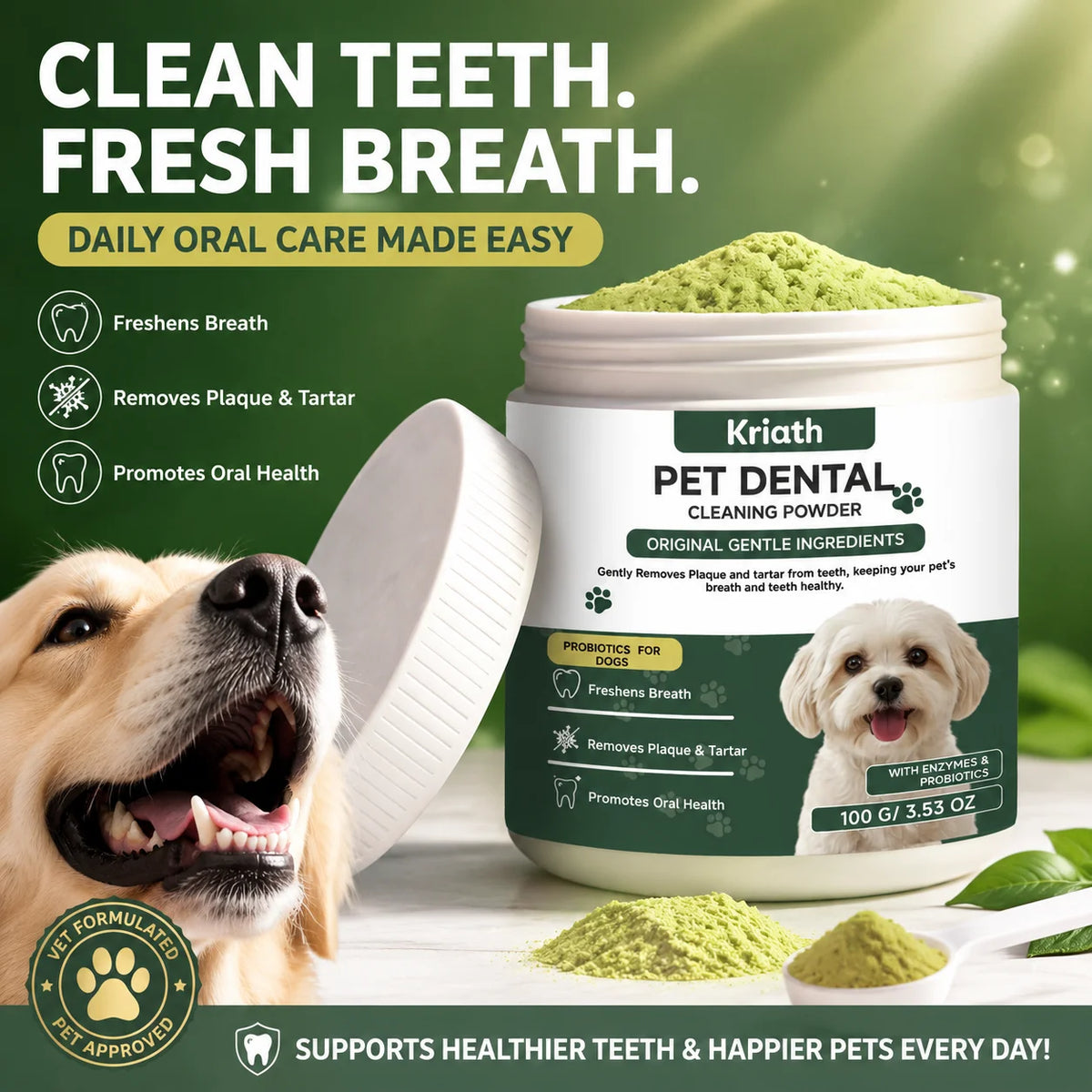 Jar of Kriath Pet Dental Cleaning Powder with a dog and fresh ingredients for oral health
