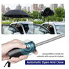 A hand holds a silver umbrella with a button to automatically open and close it.