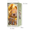 A wooden 3D puzzle bookshelf insert decor featuring a detailed magic house scene with arched windows and figures.