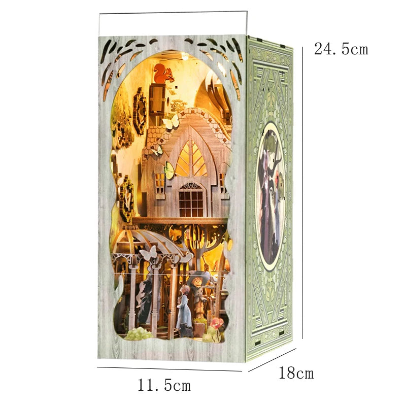 A wooden 3D puzzle bookshelf insert decor featuring a detailed magic house scene with arched windows and figures.