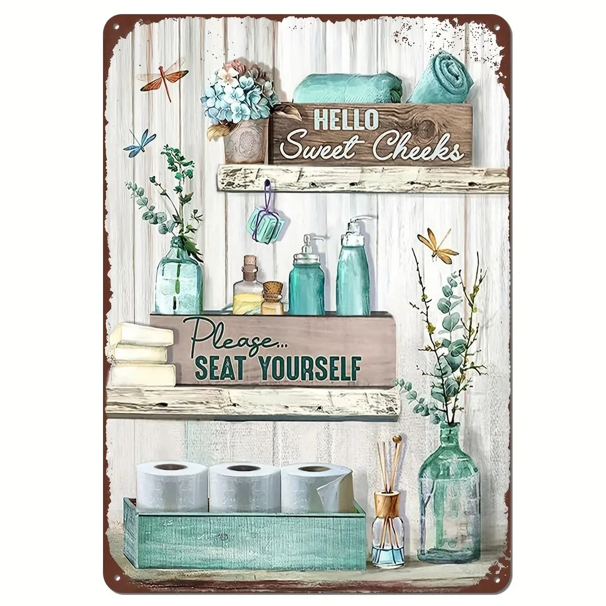 Panneau de salle de bain vintage en métal avec une étagère en bois pour produits de soin et éléments décoratifs.