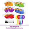 A set of double-sided dry erasable cards shaped like flies for a swat game.