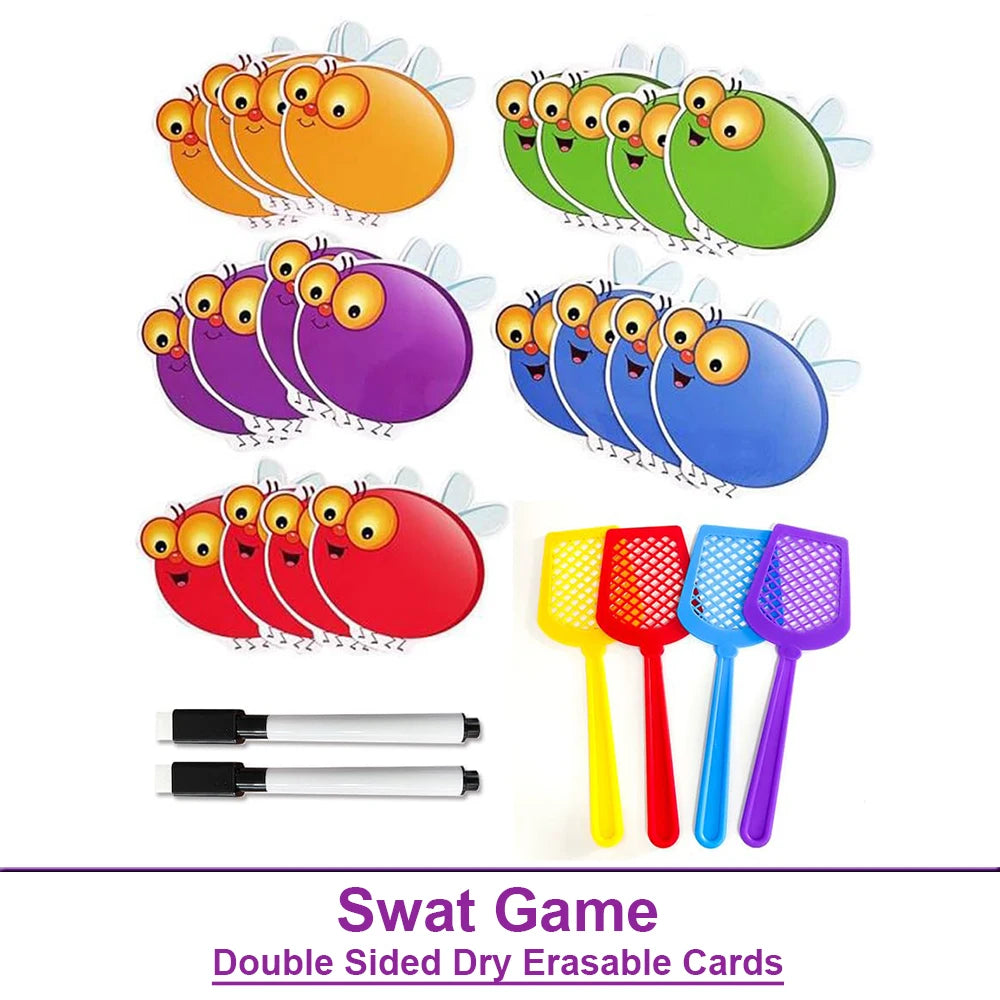 A set of double-sided dry erasable cards shaped like flies for a swat game.