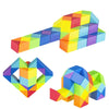 A colorful, transformable fidget puzzle toy made of interlocking plastic blocks in rainbow colors.