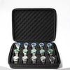 Black portable leather watch travel case with soft lining shown open displaying a watch.