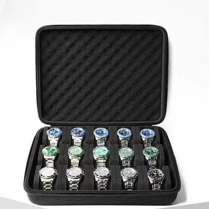 Black portable leather watch travel case with soft lining shown open displaying a watch.