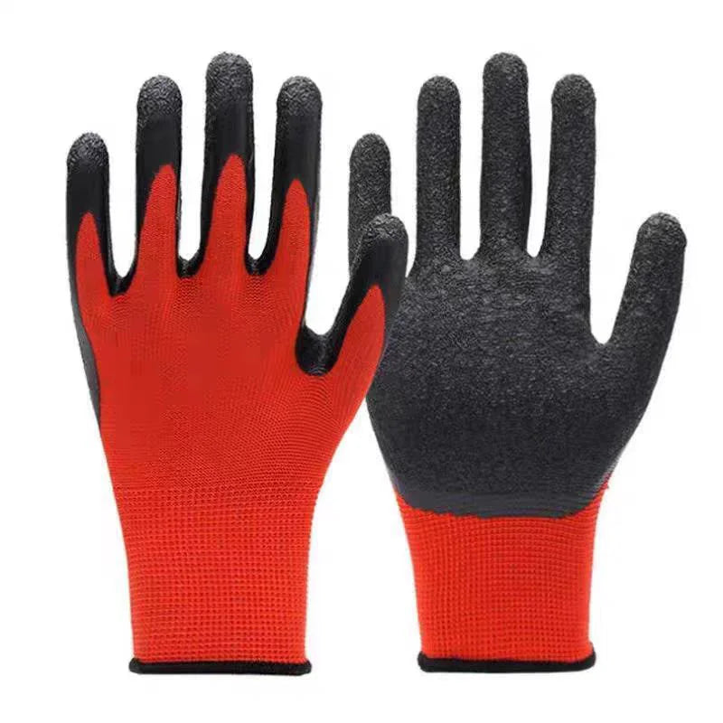Pair of black and orange crinkle latex coated work gloves for superior grip