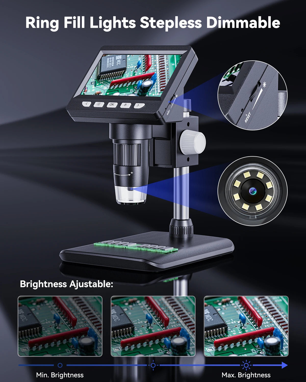 A black ring fill lights stepless dimmable digital microscope with adjustable brightness settings.
