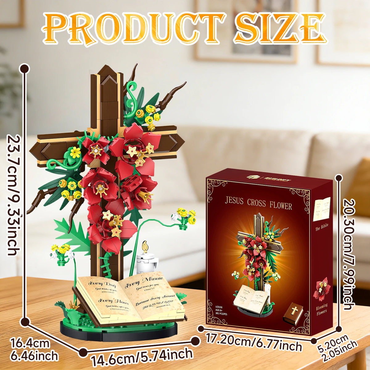 A Jesus cross flower building set featuring a wooden cross adorned with red and yellow flowers and an open book.