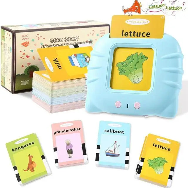 Ein Set interaktiver Lernkarten mit verschiedenen Gemüse wie Salat und Milch.