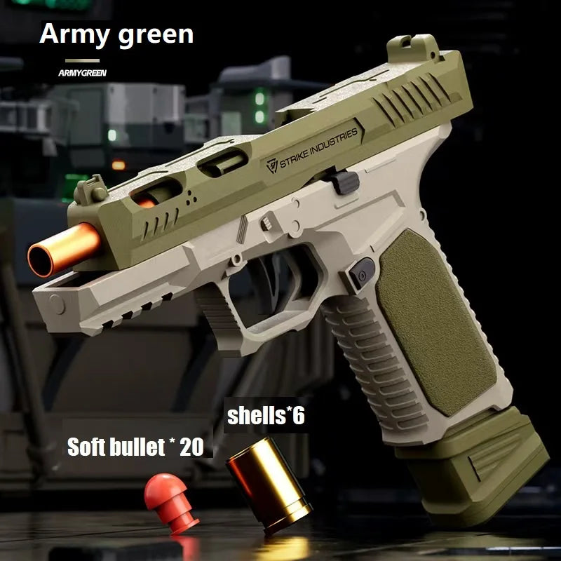 A close-up of an Army green assault rifle model with a wooden shell and soft bullets displayed on a dark surface.
