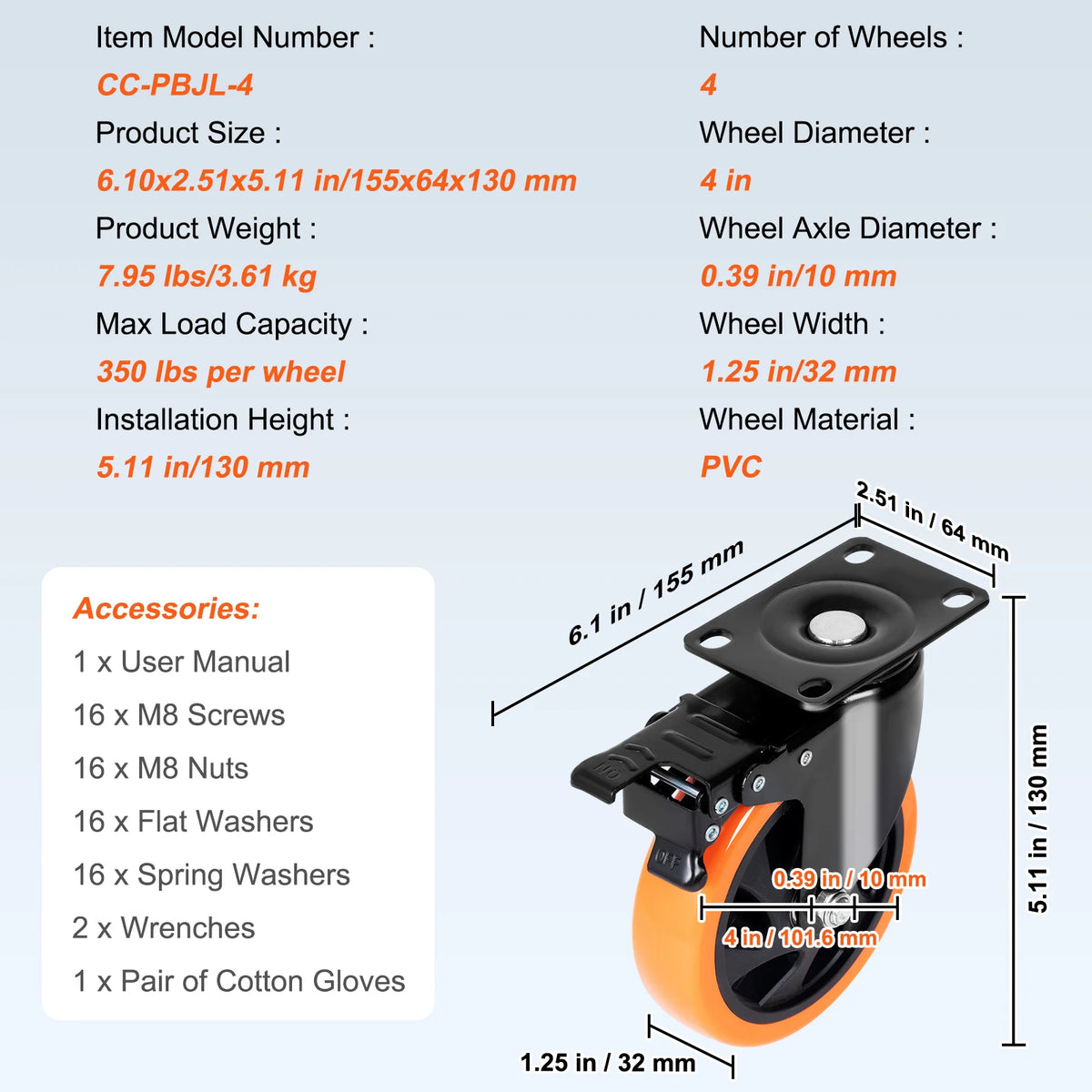 Heavy-Duty Swivel Plate Casters with Dual Locking Brakes (Set of 4)