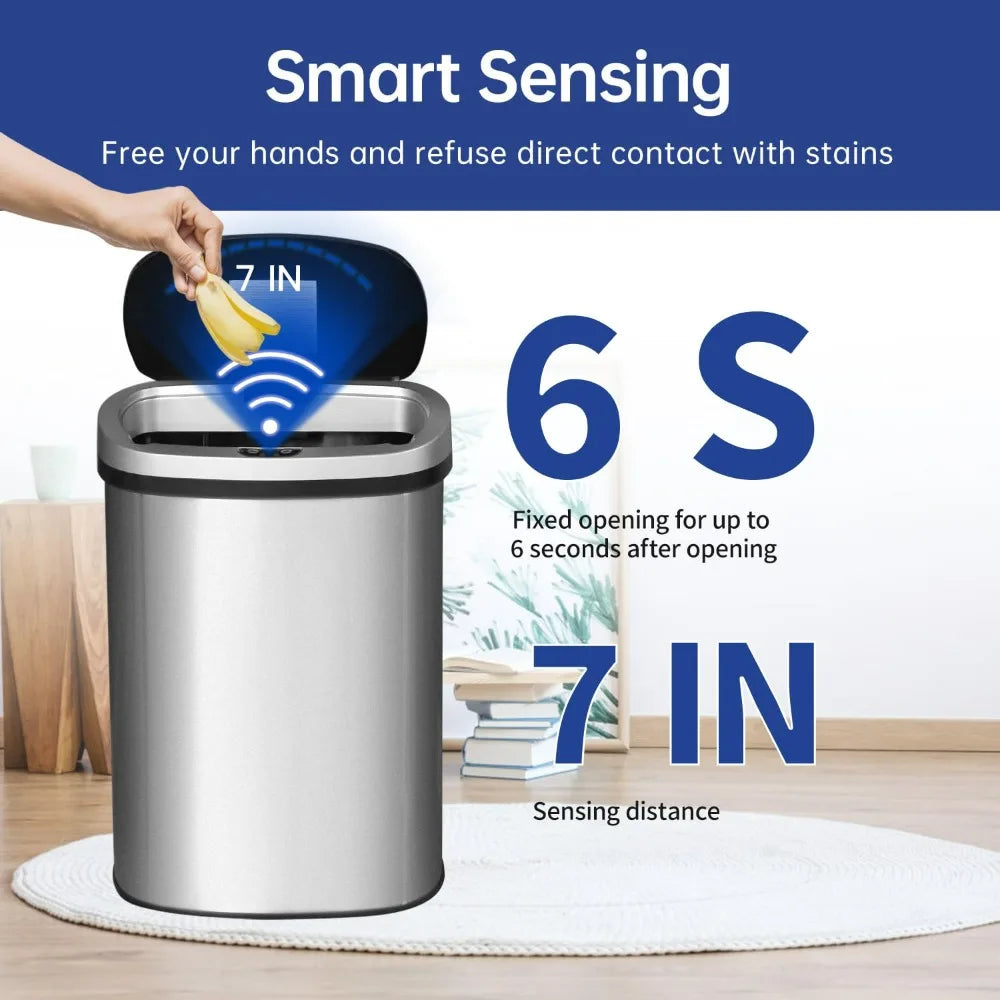 A silver automatic touchless trash can with a sensor, demonstrating smart sensing technology.