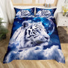 A duvet cover set featuring a digital print of a white tiger against a starry blue background with a large moon and clouds.