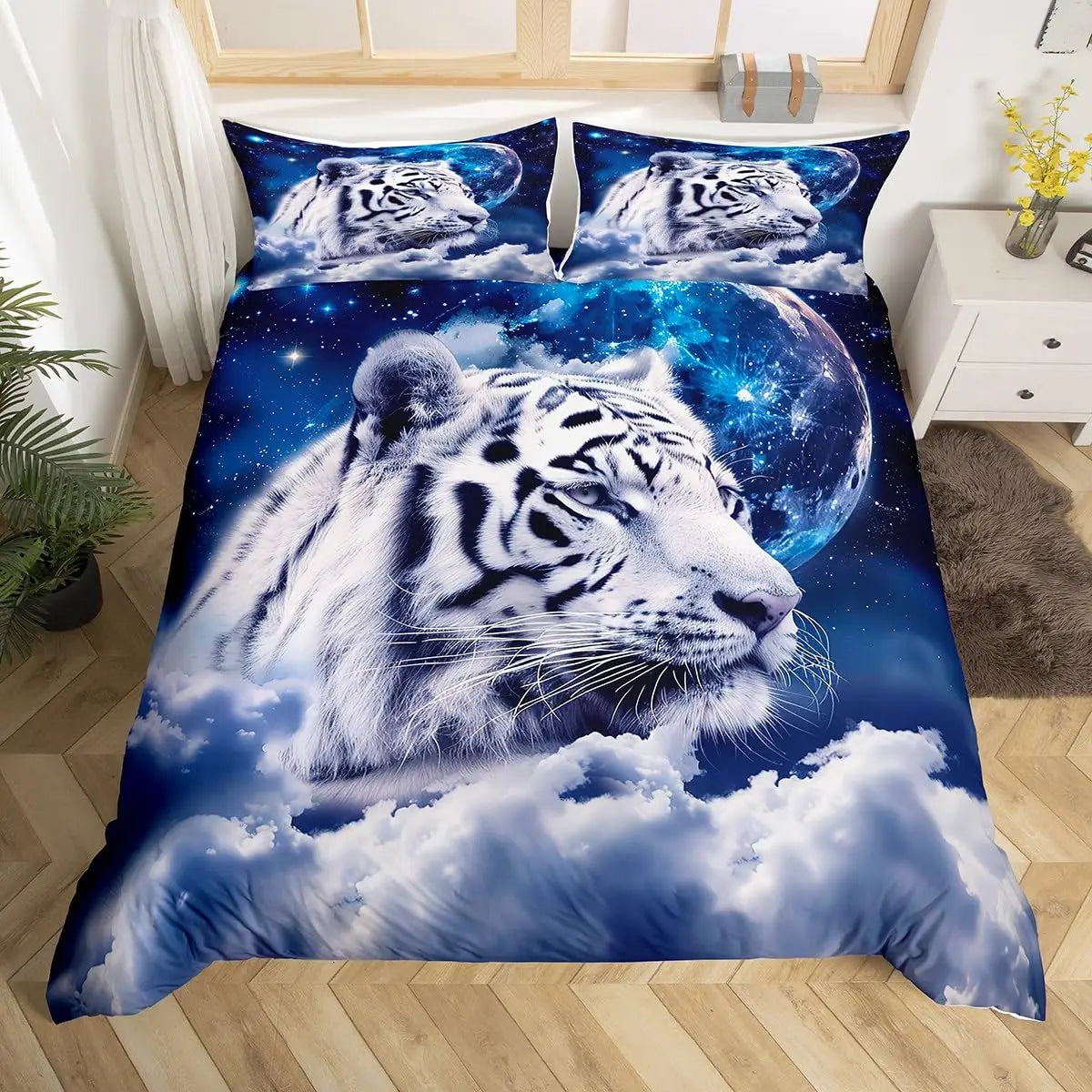 A duvet cover set featuring a digital print of a white tiger against a starry blue background with a large moon and clouds.