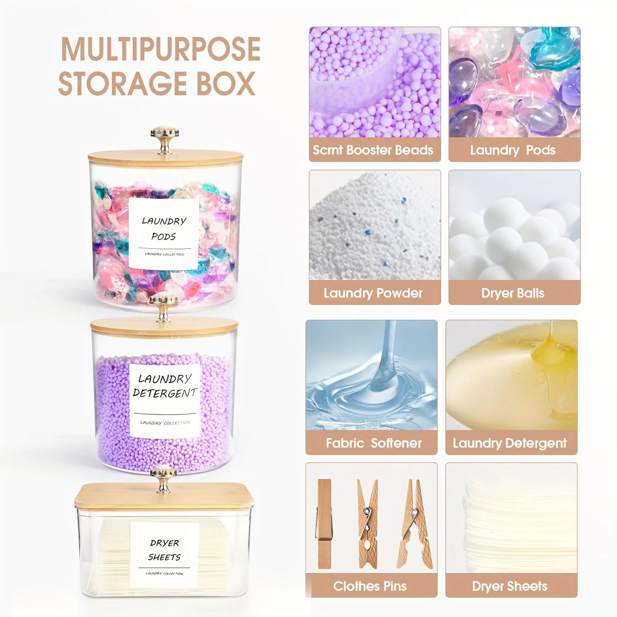A set of multipurpose storage boxes for laundry pods, detergent, and dryer sheets with labeled compartments.