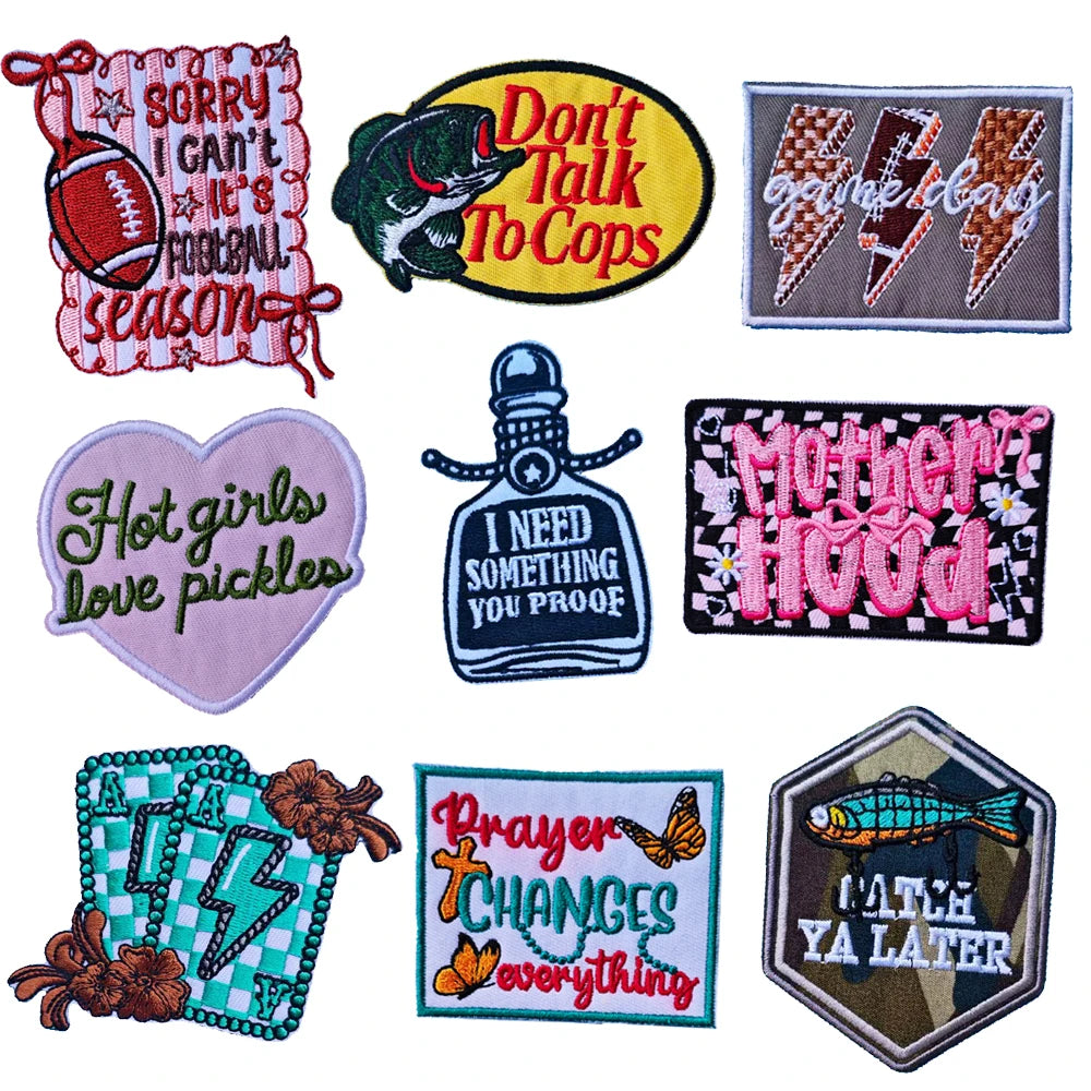 A collection of embroidered letter patches featuring sayings like Don't Talk to Cops, Hot girls love pickles, and Prayer Chan