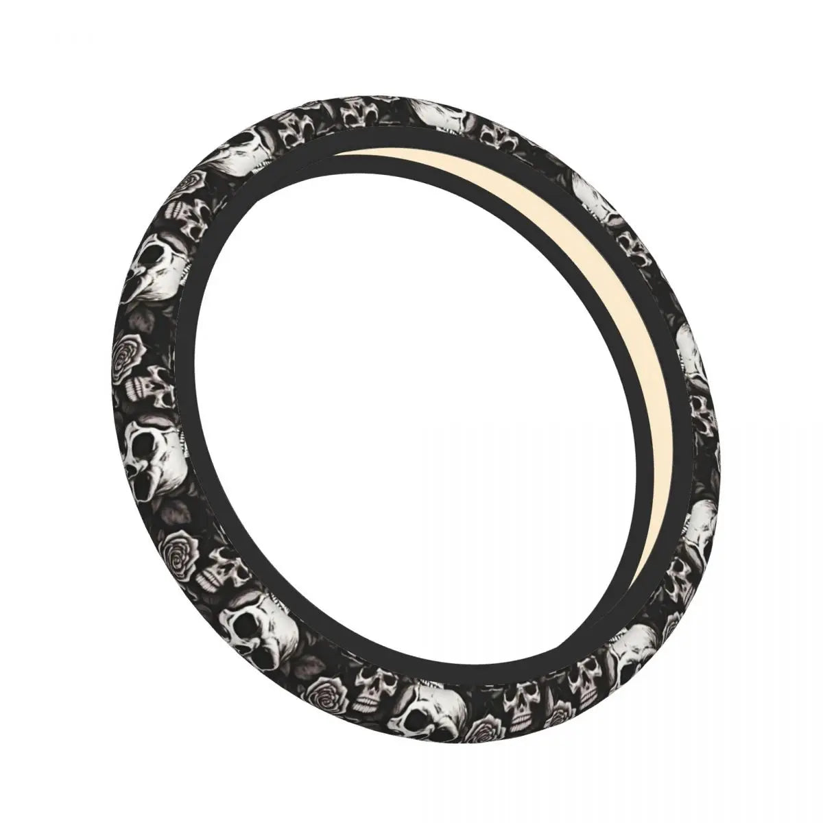 Black and white skull design anti-slip steering wheel cover with a beige trim ring.