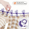 Purple elastic clothesline with non-slip clips stretched on a beige shirt.