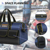 A dark blue and black tool bag featuring a lockable zipper pocket and reinforced suture for storage.