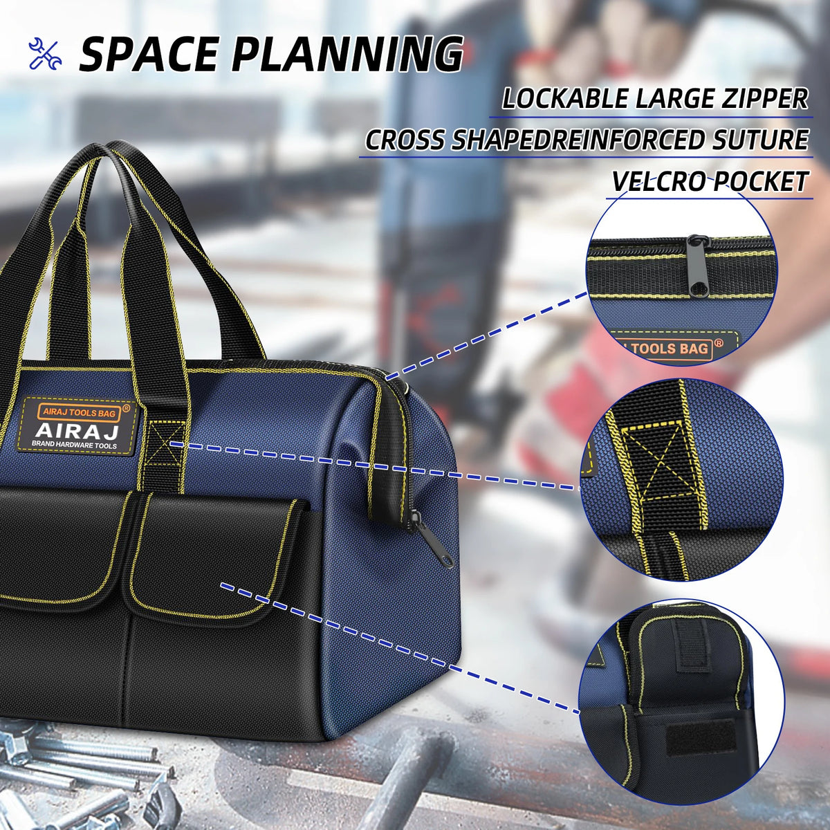 A dark blue and black tool bag featuring a lockable zipper pocket and reinforced suture for storage.