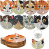 A set of eight DIY diamond art coasters featuring various cat designs on wooden bases.